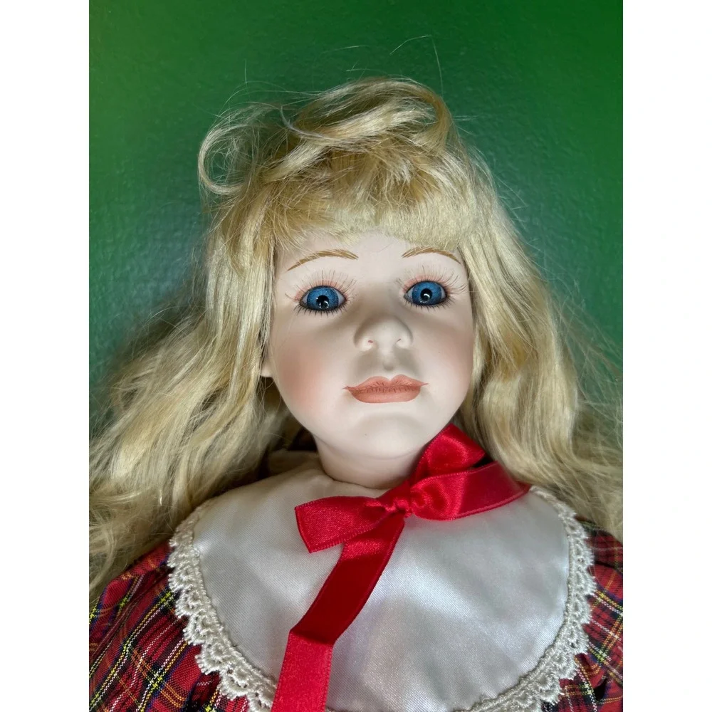 Vintage Porcelain Collectible Doll Blonde Hair Blue Eyes Red Plaid Holiday Dress